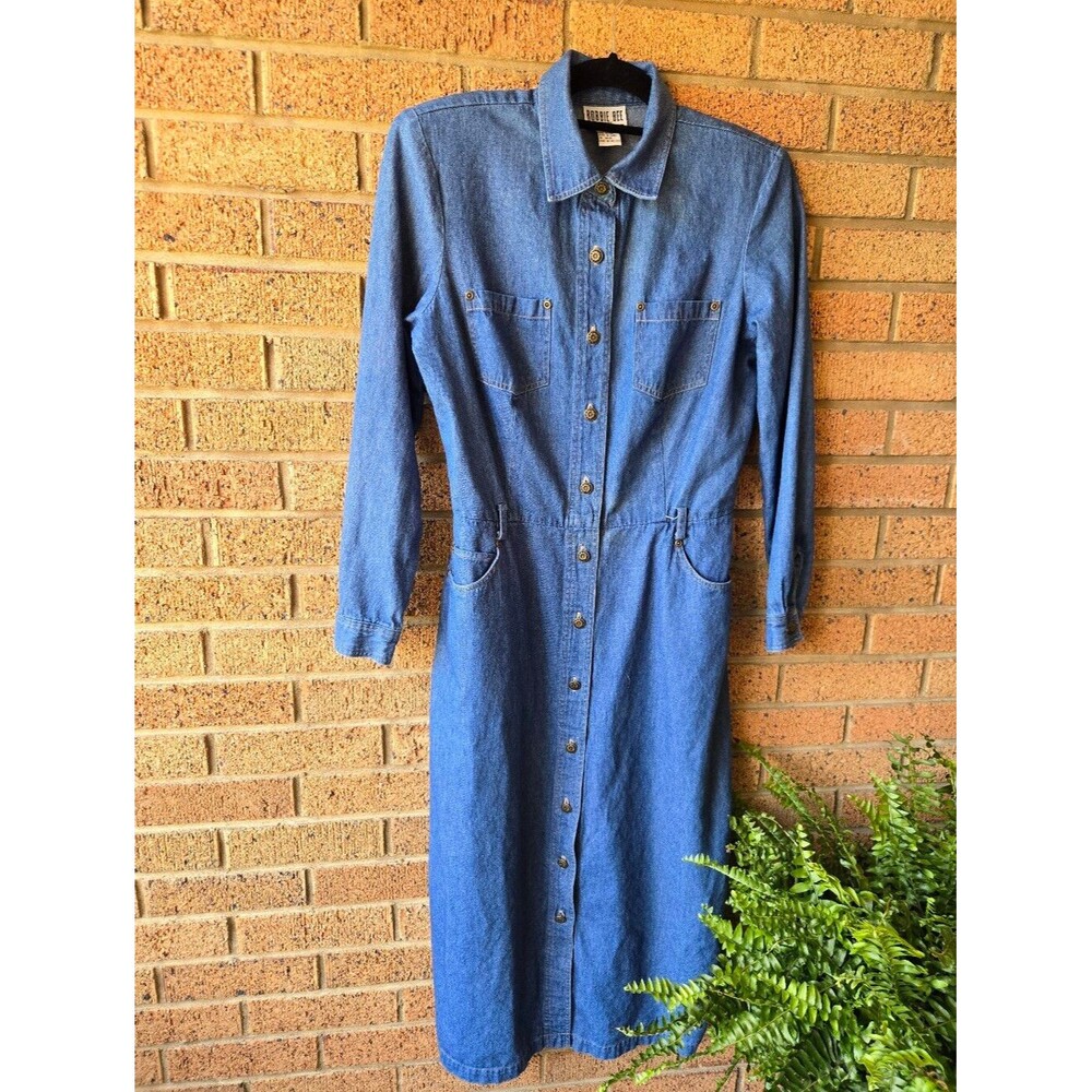 VTG Robbie Bee Petite Denim Shirt Dress Size 12 Maxi Button Down Cottagecore 90s